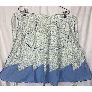 Vintage White Cotton Fabric Blue Floral  Farmhouse, Kitchen Cosplay Handmade B2